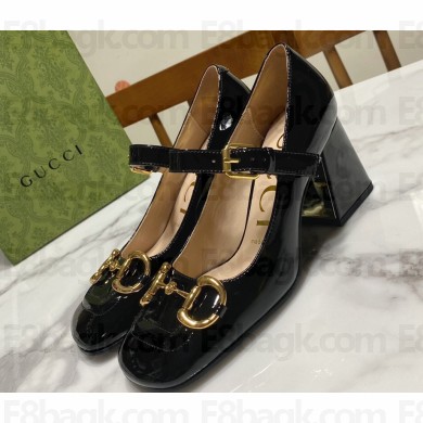 Gucci Heel 7.5cm Mary Jane Pumps with Horsebit and Strap in Patent leather Black