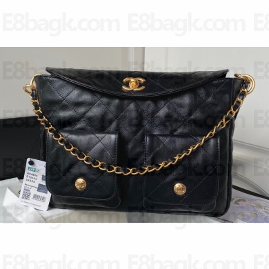 Chanel Shiny Calfskin & Gold-Tone Metal Large Hobo Bag AS4668 Black 2024