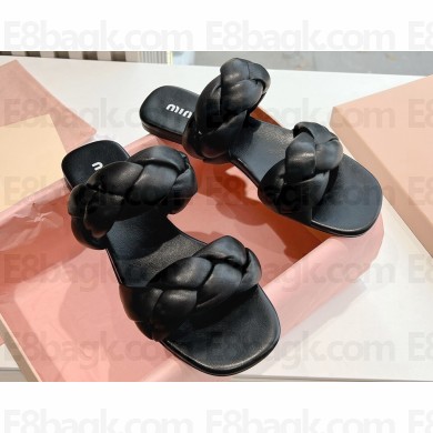 Miu Miu Braided Padded Leather Two-Band Slides Black 2024