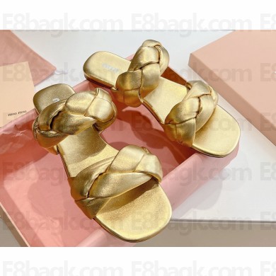 Miu Miu Braided Padded Leather Two-Band Slides Gold 2024