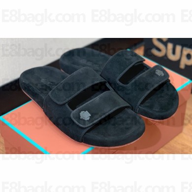 Loro Piana Waikiki Suede Double-Grip Men's Slide Sandals Black 2024
