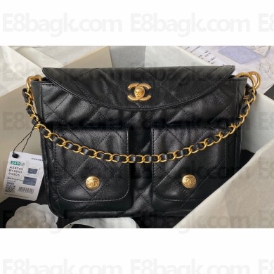 Chanel Shiny Calfskin & Gold-Tone Metal Hobo Handbag AS4743 Black 2024