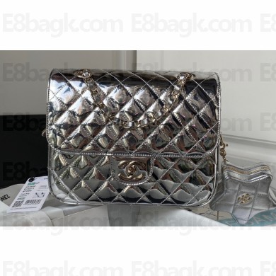 Chanel Mirror Calfskin, Calfskin & Gold-Tone Metal Backpack Bag & Star Coin Purse AS4649 Metallic Silver 2024