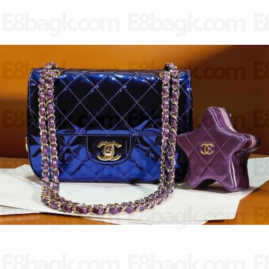 Chanel Mirror Calfskin, Calfskin & Gold-Tone Metal Mini Flap Bag & Star Coin Purse AS4646 Metallic Blue 2024