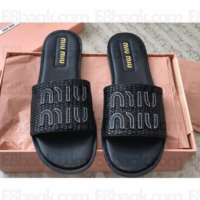 Miu Miu Raffia-effect woven fabric slides 5XX644 Black 2024