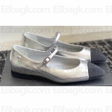 Chanel Crystal CC Logo Lambskin & Grosgrain Mary Janes Silver 2024
