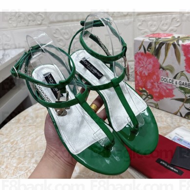 Dolce & Gabbana Patent leather Flat Thong sandals Green with chain and charm 2024