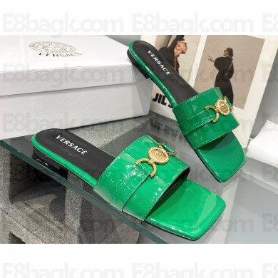 Versace Medusa Buckle Leather Flat Sandals in patent leather Green 2024