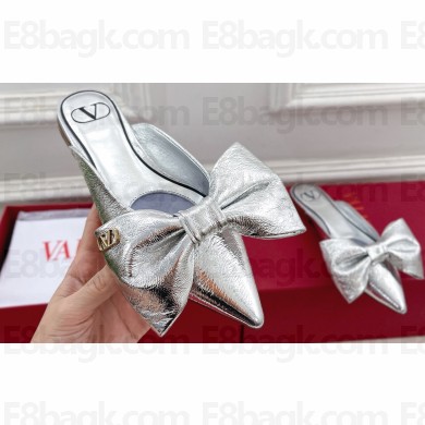 Valentino Un Château Bow Flat Mules Metallic Silver 2024