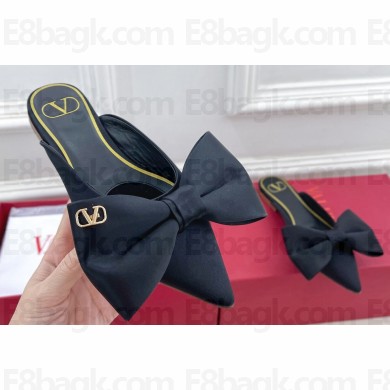 Valentino Un Château Bow Flat Mules Satin Black 2024