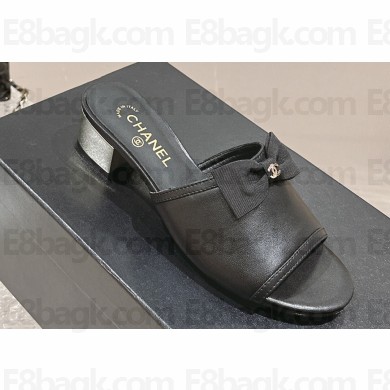 Chanel Lambskin & Grosgrain Heel Mules with Bow G45691 Black 2024