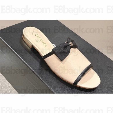 Chanel Lambskin & Grosgrain Flat Mules with Bow G45691 Beige 2024