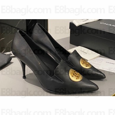 Chanel Heel 7.5cm Metal CC Logo Lambskin Vintage Pumps Black 2024