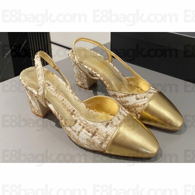 Chanel Heel 6.5cm Slingbacks G31318 Tweed Sequins Gold 2024