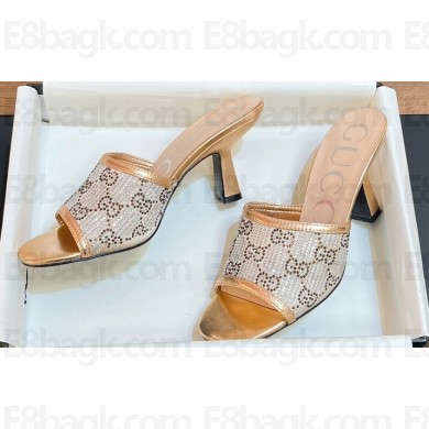 Gucci Heel 7.5cm Women's GG slide sandals 772416 in Gold with GG crystals 2024