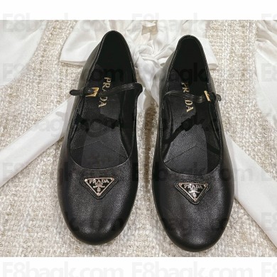 Prada Nappa leather ballerinas with strap and logo-engraved metal buckle 1F567N Black 2024