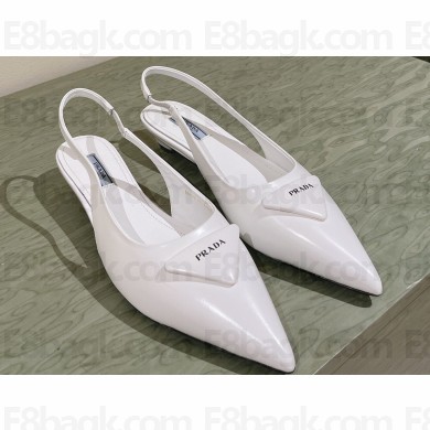 Prada Heel 4cm Brushed leather slingback pumps with triangle logo White 2024