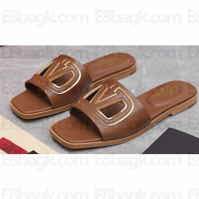 Valentino Vlogo Cut-Out Calfskin Slide Sandals Brown 2024
