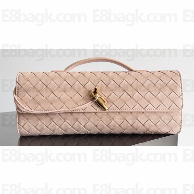 Bottega Veneta Long Clutch Andiamo With Handle Intrecciato leather bag Nude Pink with metallic knot closure 2024