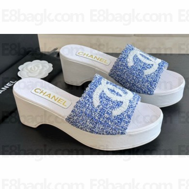 Chanel Tweed & Patent Calfskin Mules G45555 Blue 2024