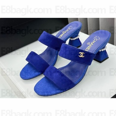 Chanel Kid Suede & Imitation Pearls Mules G45685 Blue 2024