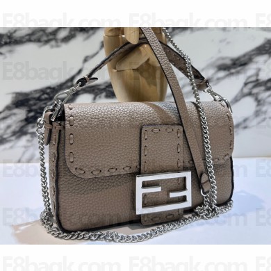 Fendi Mini Baguette Bag Dove Gray Selleria with 309 hand-sewn topstitches 2024
