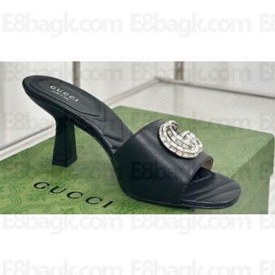 Gucci Heel 7cm Crystal Double G Slides Sandals Black 2024