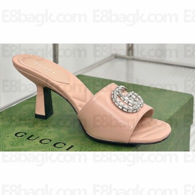 Gucci Heel 7cm Crystal Double G Slides Sandals Nude 2024