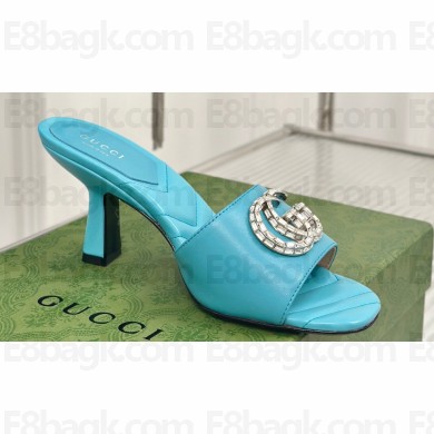 Gucci Heel 7cm Crystal Double G Slides Sandals Blue 2024