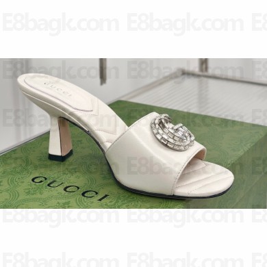 Gucci Heel 7cm Crystal Double G Slides Sandals White 2024