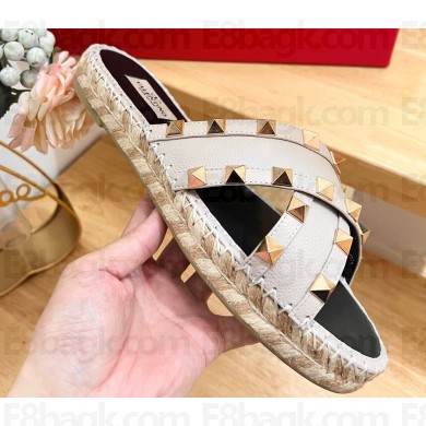 Valentino Grainy Calfskin Double Rockstud Espadrilles Slide Sandals Creamy