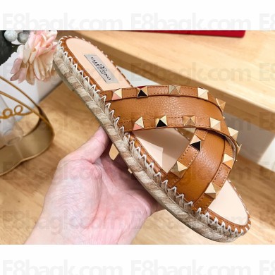 Valentino Grainy Calfskin Double Rockstud Espadrilles Slide Sandals Brown