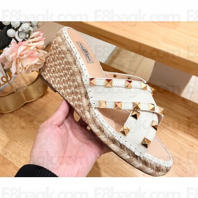 Valentino Grainy Calfskin Double Rockstud Wedge Espadrilles Slide Sandals White
