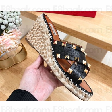 Valentino Grainy Calfskin Double Rockstud Wedge Espadrilles Slide Sandals Black