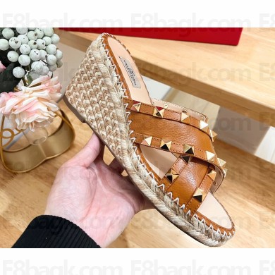 Valentino Grainy Calfskin Double Rockstud Wedge Espadrilles Slide Sandals Brown