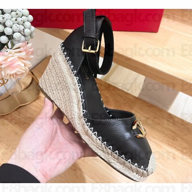 Valentino The Bold Edition Vlogo Grainy Calfskin Wedge Espadrilles Black 2024