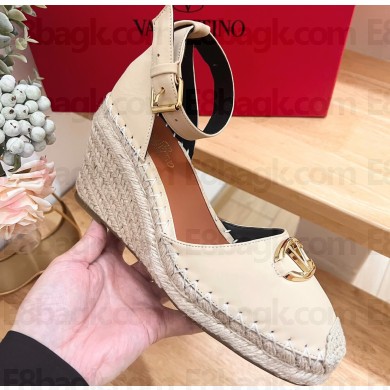 Valentino The Bold Edition Vlogo Grainy Calfskin Wedge Espadrilles Beige 2024