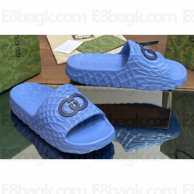 Gucci Women/Men Interlocking G slide sandals 770801 in textured rubber Blue 2024
