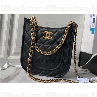 Chanel Calfskin & Gold-Tone Metal Hobo Handbag AS4532 Black 2024