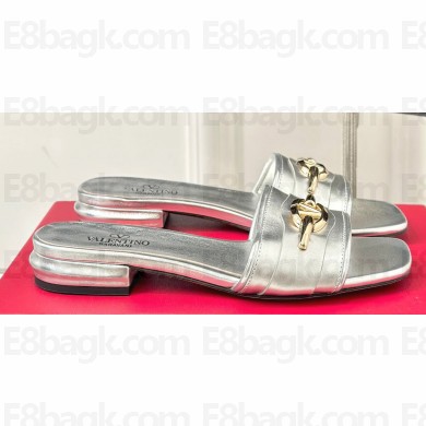 Valentino The Bold Edition Vlogo Calfskin Slide Sandals 20mm Silver 2024