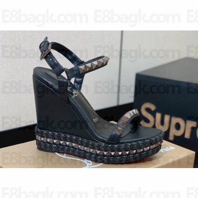Christian Louboutin Heel 12cm Pyraclou Studded Spike Espadrilles wedge Sandals Black