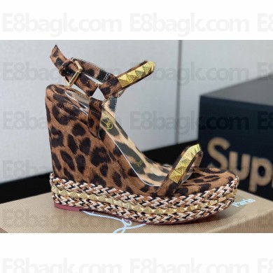 Christian Louboutin Heel 12cm Pyraclou Studded Spike Espadrilles wedge Sandals Leopard Print