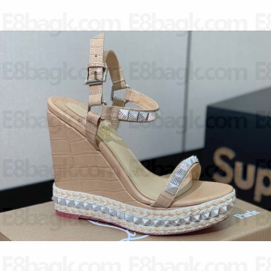 Christian Louboutin Heel 12cm Pyraclou Studded Spike Espadrilles wedge Sandals Croco Pattern Beige
