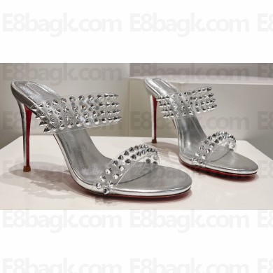 Christian Louboutin Heel 10.5cm Leather and PVC Spike Only Mules Metallic Silver 2024
