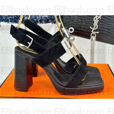 Hermes Heel 9.5cm Platform 2cm Ilona 90 sandals with oversized Kelly buckle in Suede Black 2024
