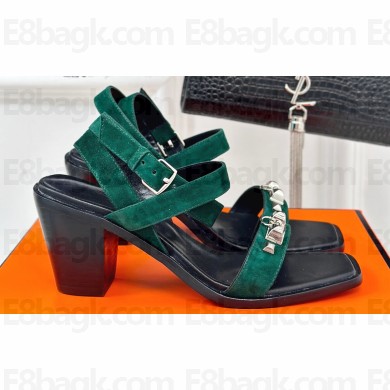 Hermes Heel 6.5cm Ivresse 65 sandals with iconic Medor studs in Suede Green 2024