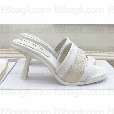 Dior Heel 8cm Dway Slides in White Calfskin and Embroidered Cotton 2024