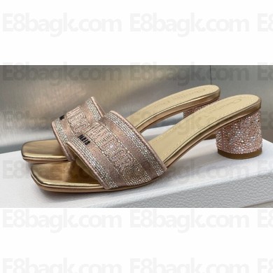 Dior Heel 4.5cm Or Dway Heeled Slides in Nude Pink Cotton Embroidered with Metallic Thread and Strass 2024