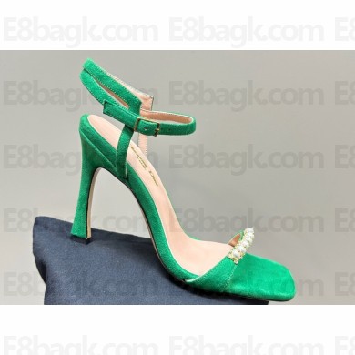 Dior Heel 10cm Diorly Heeled Sandals in Green Suede Calfskin and White Resin Pearls 2024