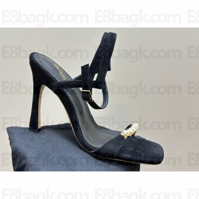 Dior Heel 10cm Diorly Heeled Sandals in Black Suede Calfskin and White Resin Pearls 2024